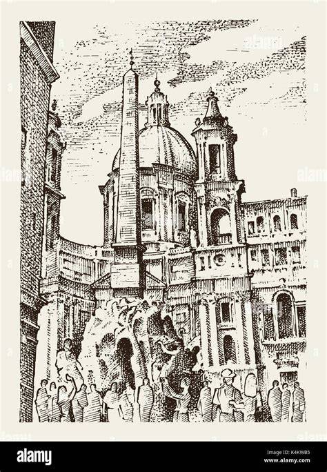 Illustrazione storica di Piazza Navona nel Cinquecento, luogo del martirio di Pomponio Algerio
