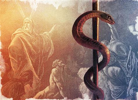 Illustrazione del serpente di bronzo innalzato su un'asta nel deserto