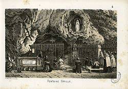 illustrazione d'epoca della grotta di Massabielle e del fiume Gave nel 1858