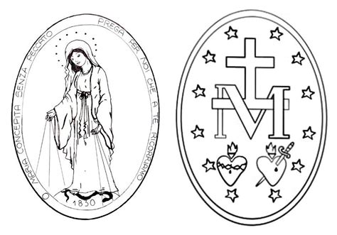 Schema grafico che illustra i simboli della Medaglia Miracolosa (raggi, globo, cuori, M, croce)