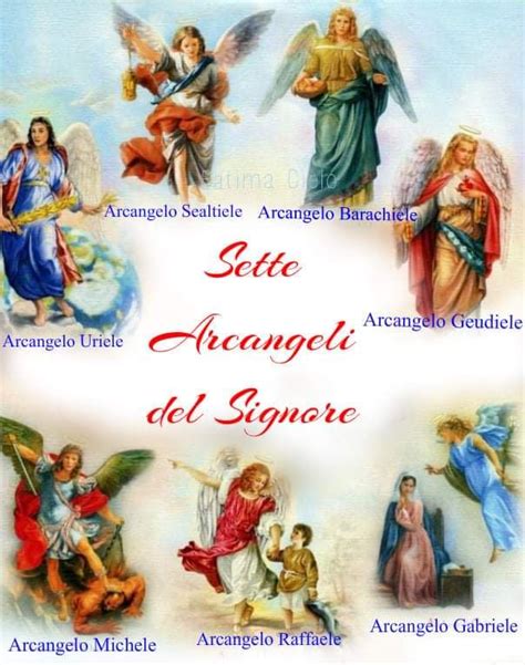 Un'illustrazione solenne dei sette arcangeli rappresentati con i loro attributi iconografici classici, disposti in modo simmetrico attorno alla luce divina.