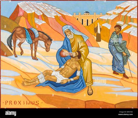 Illustrazione del Buon Samaritano che medica le ferite dell'uomo caduto