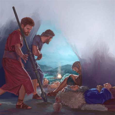 Illustrazione biblica di Davide e Abishai che si avvicinano a Saul addormentato