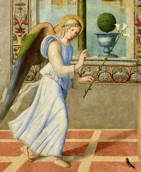 Simboli dell'Arcangelo Gabriele con giglio e mano alzata