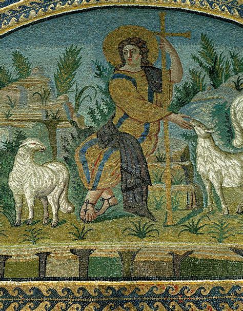 Iconografia del buon pastore: l'immagine classica del pastore che porta la pecora sulle spalle in un contesto bucolico.