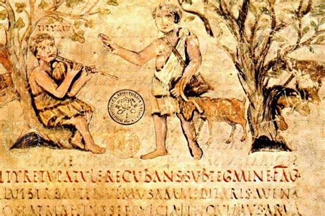 Esempio di miniatura dalle Bucoliche del Virgilio Romano, con cornice e soggetto pastorale, mostrando l'integrazione nel testo