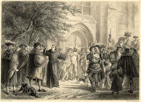 Illustrazione storica: Martin Lutero che affigge le 95 tesi alla porta della chiesa di Wittenberg