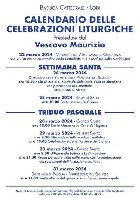 Calendario delle celebrazioni liturgiche e dei momenti di adorazione