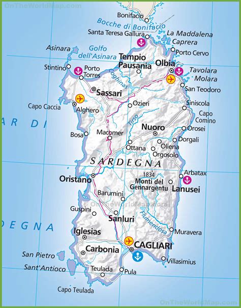Mappa della Sardegna con l'indicazione dei principali centri di culto legati alla Madonna di Adamo.