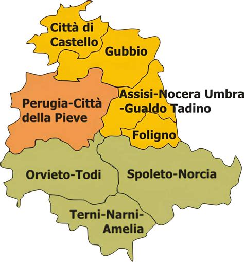 Mappa del territorio della regione ecclesiastica umbra con evidenza dell'Arcidiocesi di Perugia - Città della Pieve