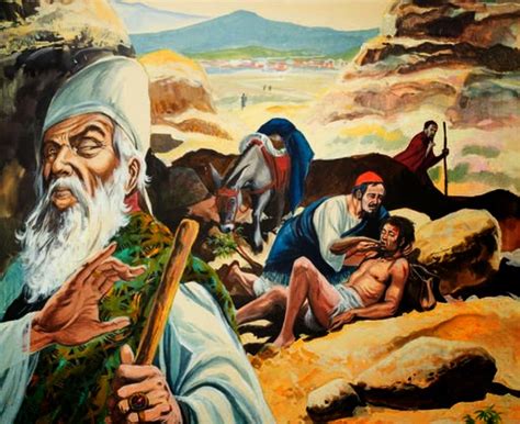 Illustrazione biblica che rappresenta il Buon Samaritano che soccorre l'uomo ferito lungo la strada