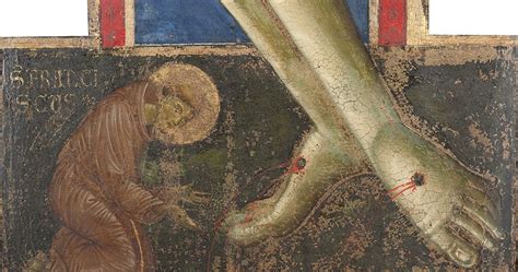 Dettaglio della figura di san Francesco inginocchiato ai piedi del Crocifisso