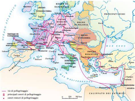 Mappa storica dei principali itinerari di pellegrinaggio medievali in Europa