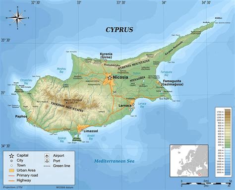 Mappa storica dell'isola di Cipro con l'ubicazione del Monastero di Kikko sui monti Troodos