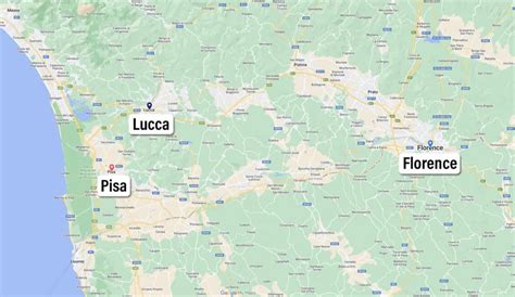 Mappa stilizzata delle aree tra Pisa, Lucca e Livorno con icone di chiese