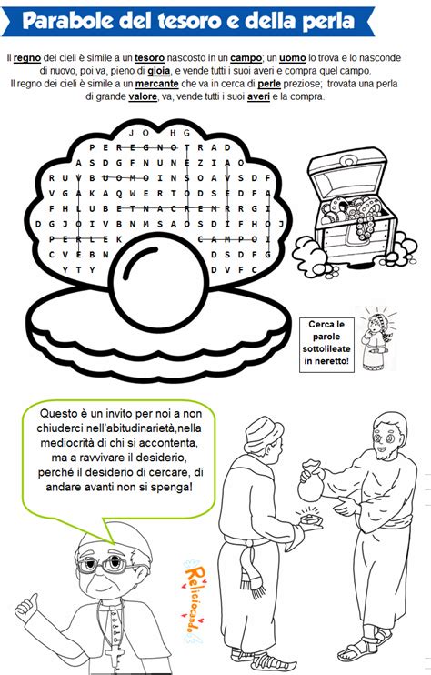 Infografica che illustra le parabole del Regno di Dio: il tesoro nascosto, la perla preziosa e la rete da pesca