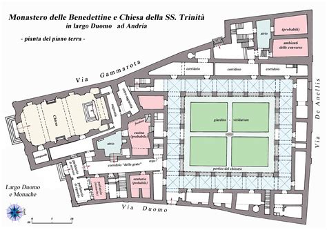 Infografica della pianta del monastero con evidenziati i quattro quadranti e lo scalone del Marvuglia