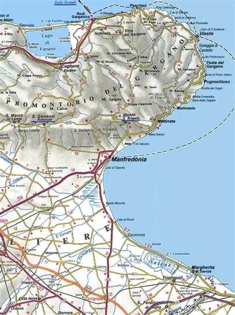 Mappa dell'Italia meridionale con evidenziati San Giovanni Rotondo, Rignano Garganico e Apice Vecchia