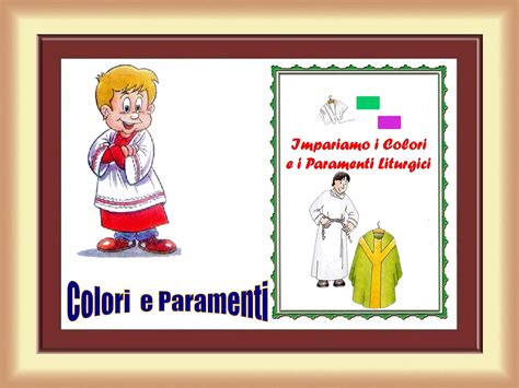 Infografica che illustra i principali paramenti liturgici: casula, stola, camice e dalmatica con i rispettivi colori liturgici.