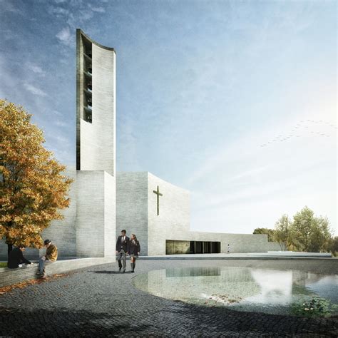 rendering esterno del complesso parrocchiale Beato Paolo VI con facciata e campanile