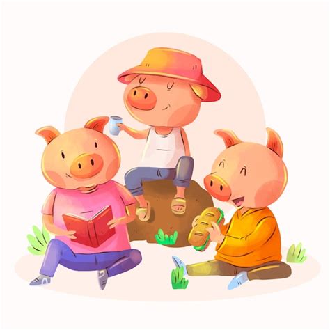 Illustrazione dei tre porcellini che iniziano a costruire le loro case.