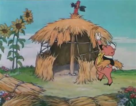 I tre porcellini, uno con casa di paglia, uno di legna e uno di mattoni.