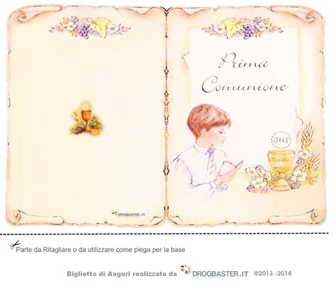 Illustrazioni di cartoncini e pergamene con simboli religiosi per la Prima Comunione e Cresima