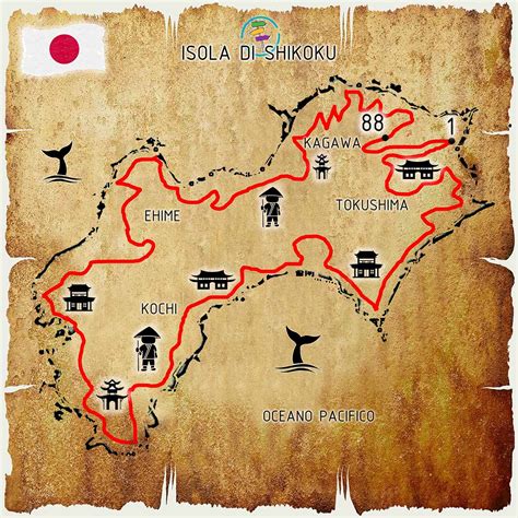 Mappa dell'Isola di Shikoku con i 88 templi segnati