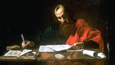 Paolo di Tarso che scrive una lettera, con in sottofondo due persone (un padrone e uno schiavo) che si incontrano pacificamente