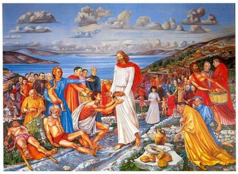 illustrazione biblica della moltiplicazione dei pani e dei pesci con Gesù e la folla