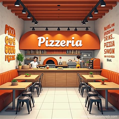 Foto degli interni di una pizzeria accogliente con tavoli in legno e illuminazione calda