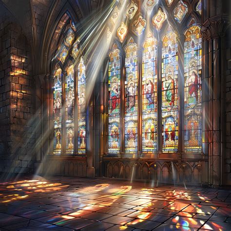 Interno di una cattedrale gotica con giochi di luce dalle vetrate