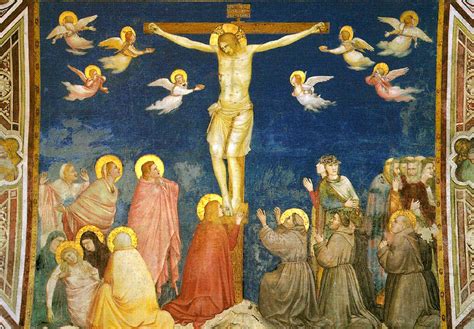 Rappresentazione di una crocifissione di Giotto con figure di spalle che esprimono dolore