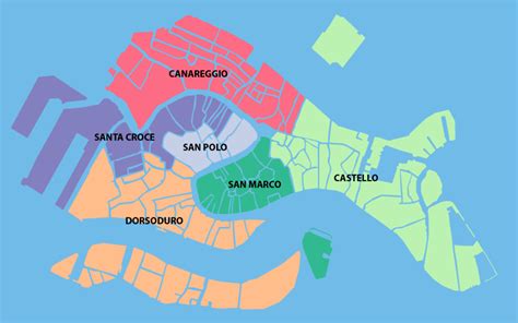 Mappa dei sestieri di Venezia con indicazione delle zone meno turistiche e residenziali
