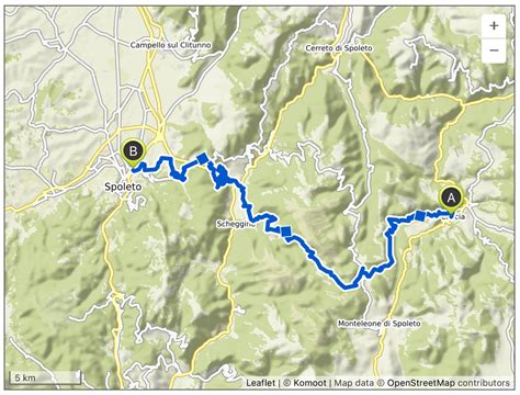 Mappa del percorso che collega Assisi, Cascia, Roccaporena e Norcia