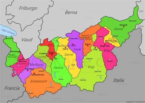 Mappa del Vallese con indicazione di Saint-Maurice e Octodurus
