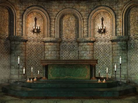 illustrazione di un altare medievale con candelabri sul pavimento o sulla mensa
