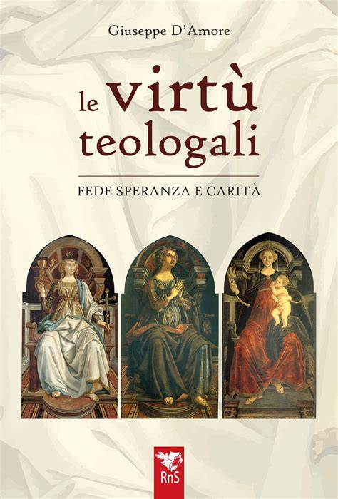 Infografica che rappresenta le tre virtù teologali (fede, speranza, carità) con simboli appropriati