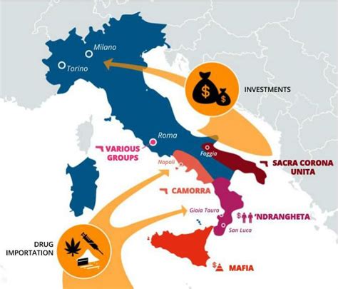 Mappa dell'Italia con aree di maggiore infiltrazione mafiosa