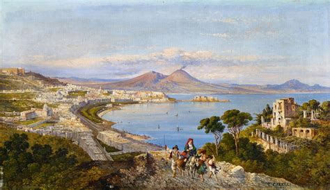 dipinto della Scuola di Posillipo, paesaggio napoletano con veduta dal mare