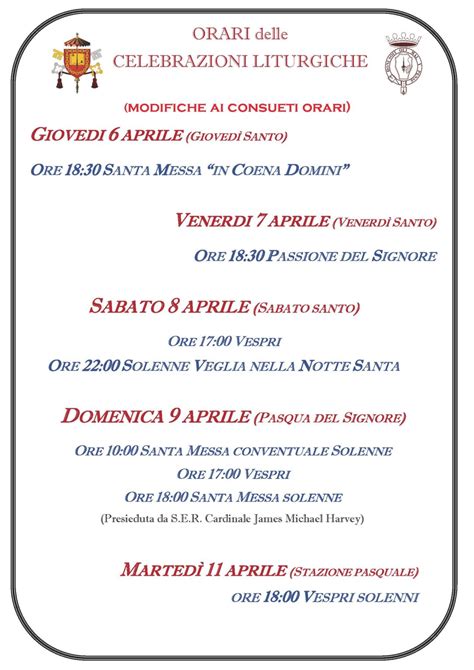 Schema degli orari di apertura e delle celebrazioni nella Basilica