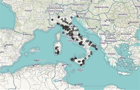 Mappa dell'Italia con indicazione delle principali località dove si trova una Madonna del Gonfalone