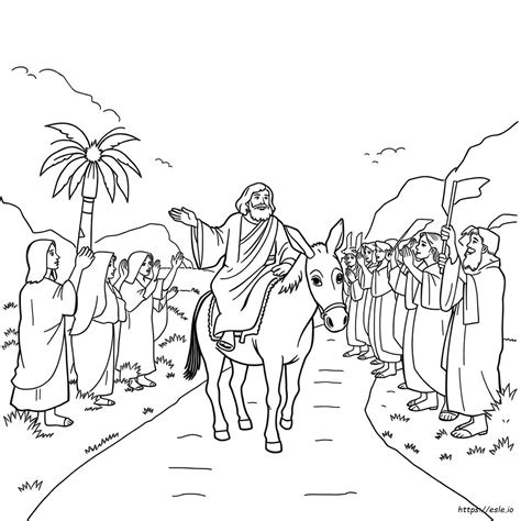 Gesù entra a Gerusalemme su un asinello, accolto dalla folla che agita rami di palma. Illustrazione biblica