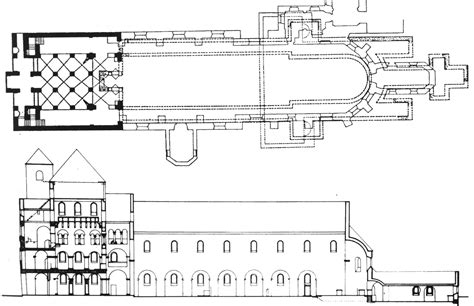 Ricostruzione o pianta dell'Abbazia di Centula/Saint-Riquier con enfasi sul Westwerk