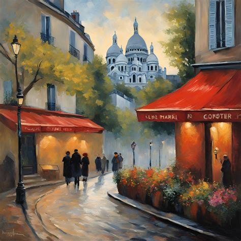 Veduta della Place du Tertre a Montmartre, con artisti all'opera