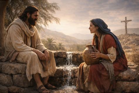 Illustrazione biblica che rappresenta il dialogo tra Gesù e la Samaritana al pozzo di Giacobbe, simbolo di incontro e salvezza.