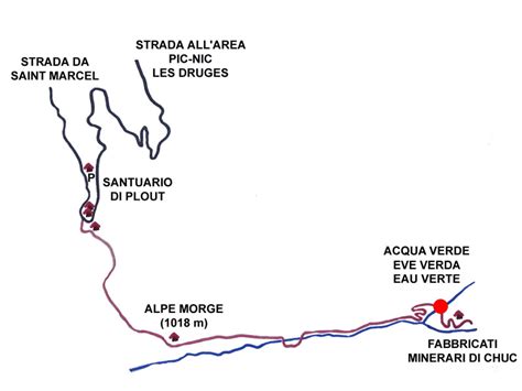 Mappa del vallone di Saint Marcel con Santuario di Plout, Eva Verda e Lago Layet