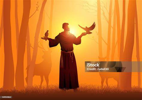Illustrazione di San Francesco d'Assisi con animali, ideale per copertine di libretti a tema religioso-naturalistico