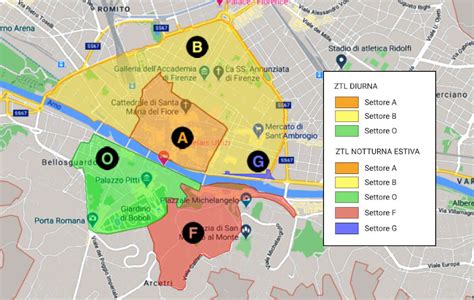 Schema della ZTL di Firenze con i diversi settori e i varchi di accesso