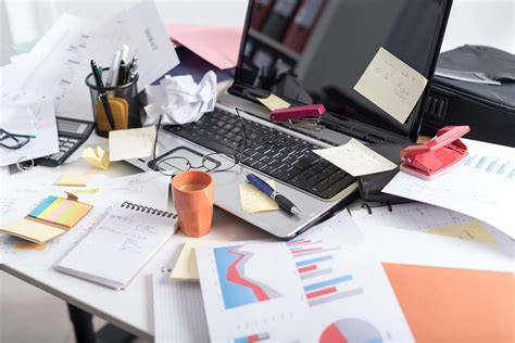 Ufficio con pile di scartoffie e computer